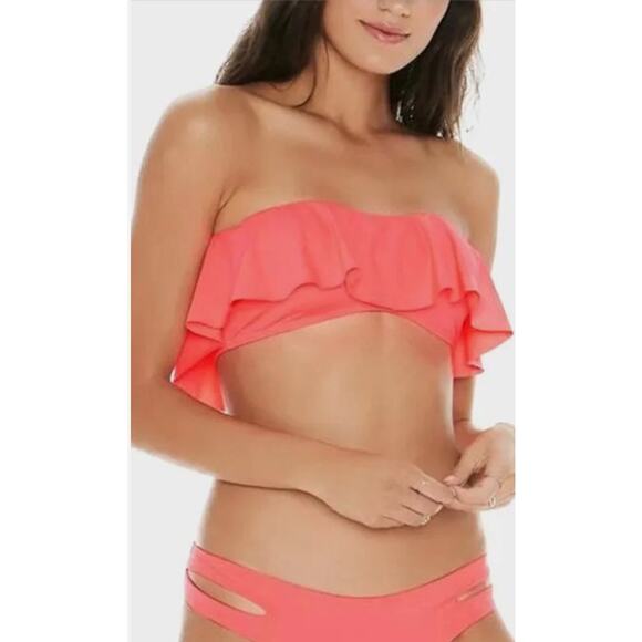 L*SPACE Lynn Coral Pink Strapless Bandeau Style Ruffle Flounce Bikini Top Size L - Picture 8 of 11